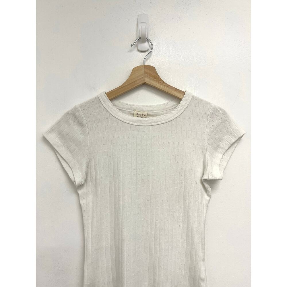 Marea by Liz Joy Pointelle Short Sleeve Slim Crewneck Feminine Romantic Tee XS - Picture 5 of 11